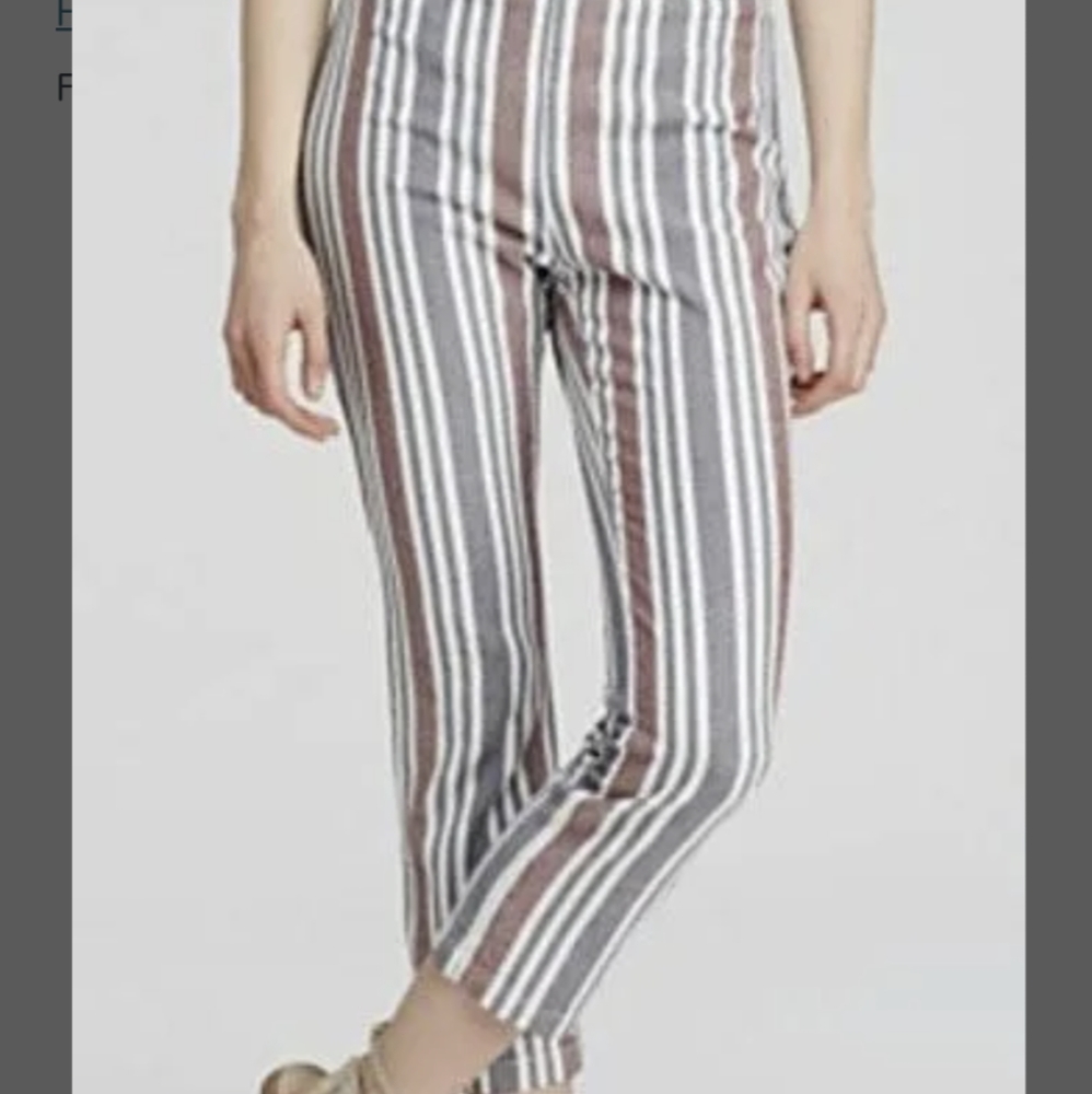 Free People Red Blue Striped Ankle Mod Woven Twill Flat Front Pants Boho Sz 4